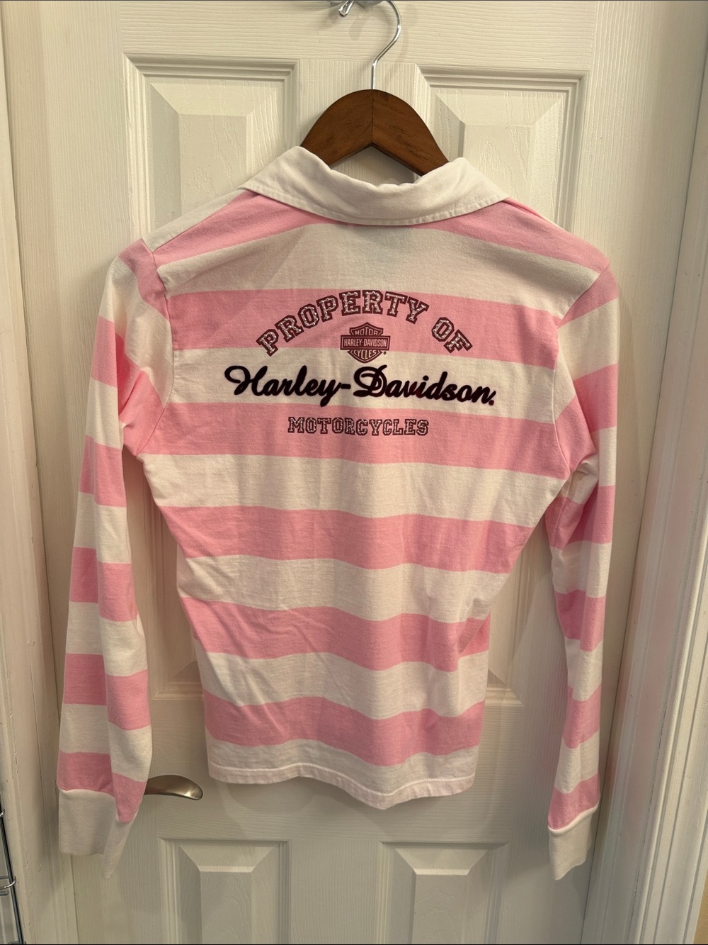 Harley-Davidson Pink and White Striped Rugby Top